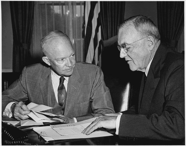 John Foster Dulles (right) with U.S. President Eisenhower in 1956.