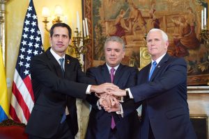 Vice President Mike Pence, Juan Guaido of Venezuela, and President Iván Duque Márquez of Colombia, Monday February 25, 2019 (Official White House Photo by D. Myles Cullen)