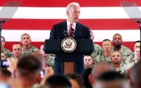 Vice President Joe Biden talks to troops on his visit to Camp Bondsteel, Kosovo, May 21, 2009. Biden met with soldiers to shake hands and take time to pose for pictures. U.S. Army photo by Specialist Darriel Swatts