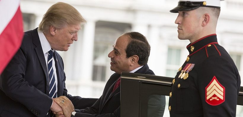 President Donald Trump welcomes Egyptian President Abdel Fattah Al Sisi, Monday, April 3, 2017, at the West Wing entrance of the White House in Washington, D.C. (Official White House Photo by Shealah Craighead