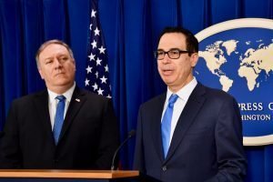 Secretary of State Mike Pompeo and Secretary of the Treasury Steve Mnuchin provide an update on Iran Policy and Sanctions at the Foreign Press Center in Washington, D.C., on November 5, 2018. [State Department photo/ Public Domain]