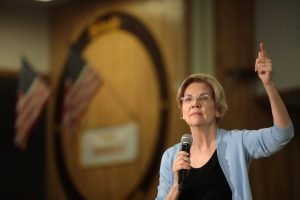 U.S. Senator Elizabeth Warren speaking with supporters at a town hall at Bonanza High School in Las Vegas, Nevada.