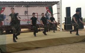 A group of Palestinian Dabka folk dancers performed on stage. The Dabka dance, known to every Palestinian, is a part of a program of activities arranged by Great Return March organizers. (Photo Rami Almeghari)