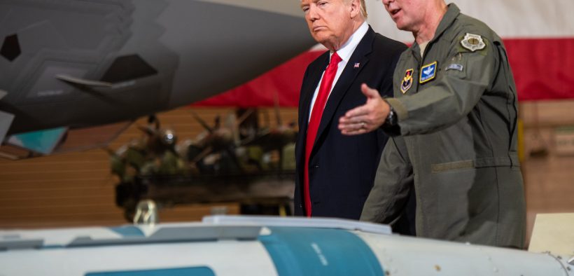 Brig. Gen. Todd Canterbury, 56th Fighter Wing commander briefs President Donald J. Trump about the capabilities of the GBU-12 bomb during his visit to Luke Air Force Base, Ariz., Oct. 19, 2018. After touring a static display of the F-35A Lightning II and other military equipment, Trump met with cabinet members, congressmen, and defense industry leaders in a roundtable discussion on current defense issues including cybersecurity, stealth technology, and F-35 development. (U.S. Air Force photo by Senior Airman Alexander Cook)
