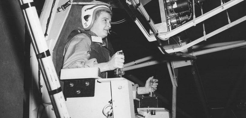 Jerrie Cobb, a well known female pilot in the 1950s, testing Gimbal Rig in the Altitude Wind Tunnel, AWT in April 1960. The Gimbal Rig, formally called MASTIF or Multiple Axis Space Test Inertia Facility, was used to train astronauts to control the spin of a tumbling spacecraft. Jerrie Cobb was the first female to pass all three phases of the Mercury Astronaut Program but NASA rules stipulated that only military test pilots could become astronauts and there were no female military test pilots. Jerrie completed this astounding feat in 1961. The MASTIF was installed at the Altitude Wind Tunnel at the Lewis Research Center, now John H. Glenn Research Center. (Photo: NASA)