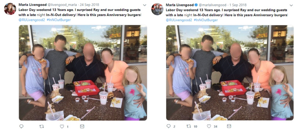 Figure 2: Tweet by suspect account @livengood_marla, dated Sept. 24, 2018 (left); tweet by Livengood’s verified account, dated Sept. 1, 2018 (right)