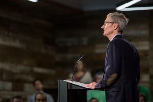 Apple CEO Tim Cook and Austin Community College (ACC) President/CEO Dr. Richard Rhodes join Austin Mayor Steve Adler and State Senator Kirk Watson for an exciting announcement launching a new app development program at ACC on Friday, August 25, 2017 at the Capital Factory in downtown Austin, Texas.