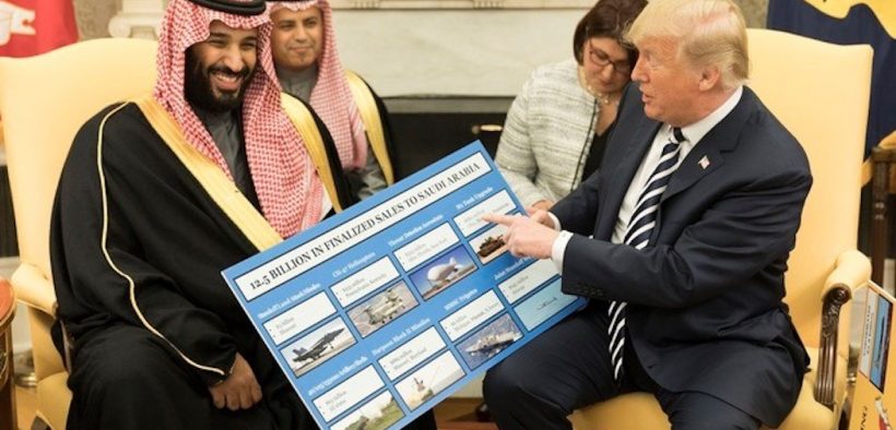 President Donald J. Trump, joined by crown prince Mohammed bin Salman, shows informational boards showing how much business the Kingdom of Saudi Arabia generates for the U.S. economy after their meeting at the White House in March, 2018. (Photo: Official White House photo, Shealah Craighead)