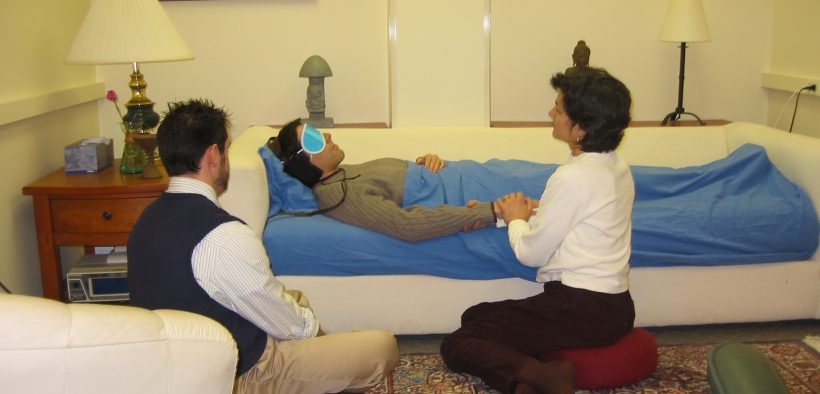 A photo of one of the comfortable rooms at Johns Hopkins University used in clinical studies to determine the effects of psilocybin and other hallucinogenic drugs. Two guides are monitoring the experiences of the subject, and provide reassurance when the volunteers experience anxiety.