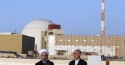 Iranian President Hassan Rouhani and Head of the Atomic Energy Organization of Iran (AEOI) Ali Akbar Salehi at Iran's Bushehr Nuclear Plant.