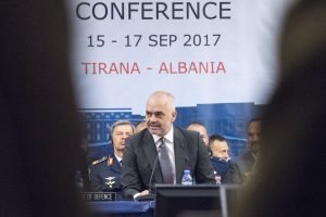 Prime Minister of Albania Edi Rama delivers remarks during the opening session of North Atlantic Treaty Organization (NATO) Military Committee in Chiefs of Defense (MC/CS) Session in Tirana, Albania Sept. 16, 2017.