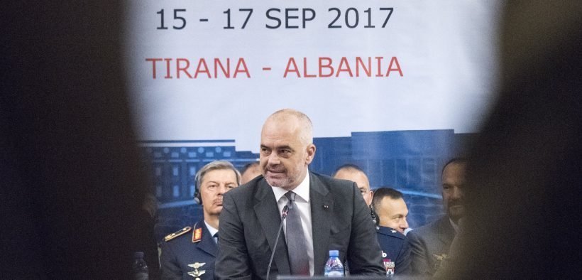 Prime Minister of Albania Edi Rama delivers remarks during the opening session of North Atlantic Treaty Organization (NATO) Military Committee in Chiefs of Defense (MC/CS) Session in Tirana, Albania Sept. 16, 2017.