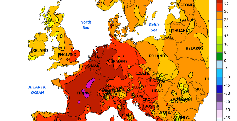 Extreme Maximum Temperature in Europe (°C) on 24 July 2019; computer generated contours, based on preliminary data. National Oceanic and Atmospheric Administration (NOAA)