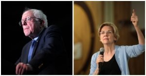 U.S. Senator Bernie Sanders speaking with supporters at a 2016 campaign rally at the Phoenix Convention Center in Phoenix, Arizona. U.S. Senator Elizabeth Warren speaking with supporters in April, 2019 at a town hall at Bonanza High School in Las Vegas, Nevada. (Both Photos: Gage Skidmore)