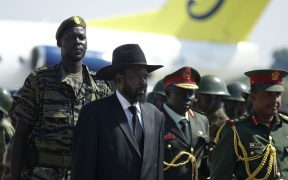 Salva Kiir, president of semi-autonomous South Sudan, waits to receive Omar al Bashir on his visit to the southern capital Juba.