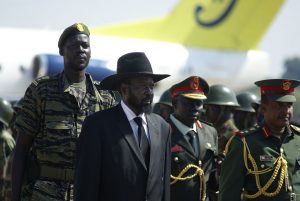 Salva Kiir, president of semi-autonomous South Sudan, waits to receive Omar al Bashir on his visit to the southern capital Juba.