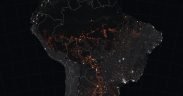 The map above shows active fire detections in Brazil as observed by Terra and Aqua MODIS between August 15-22, 2019. The locations of the fires, shown in orange, have been overlain on nighttime imagery acquired by VIIRS.