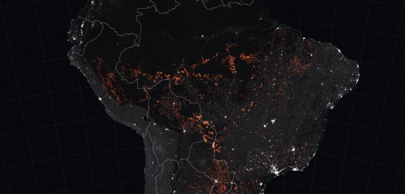 The map above shows active fire detections in Brazil as observed by Terra and Aqua MODIS between August 15-22, 2019. The locations of the fires, shown in orange, have been overlain on nighttime imagery acquired by VIIRS.