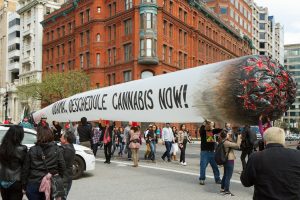 Proponents of marijuana legalization in Washington, D.C., organized by a group called DCMJ, carry a 51-foot inflatable joint near the White House. Lafayette Sq. - Washington, DC. Date: April 2, 2016.