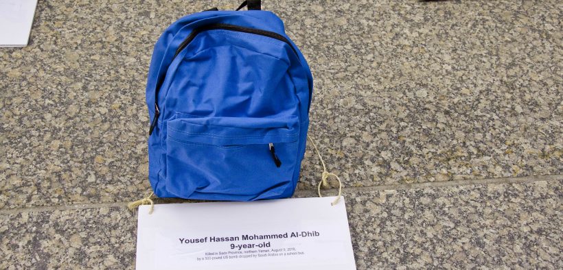 End U.S. Involvement in the Saudi War in Yemen protest in Chicago, Illinois. Date: November 30, 2018. Blue backpacks stood for each one of the children killed in a Saudi bombing attack on a school bus in late 2018. They used a 500 pound bomb manufactured by Lockheed-Martin. (Photo: Charles Edward Miller)