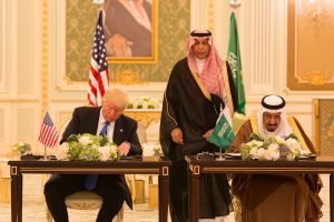 President Donald Trump and King Salman bin Abdulaziz Al Saud of Saudi Arabia sign a Joint Strategic Vision Statement for the United States and the Kingdom of Saudi Arabia, during ceremonies, Saturday, May 20, 2017, at the Royal Court Palace in Riyadh, Saudi Arabia. (Official White House Photo Shealah Craighead