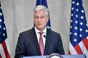 Then Special Presidential Envoy for Hostage Affairs Robert O'Brien speaks to families of Americans held captive abroad on April 2, 2019, at the Department of State. (Photo: State Department, by Michael Gross)