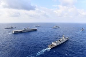 U.S.Navy guided-missile destroyer USS William P. Lawrence (DDG 110), top middle, transits through international waters with the Indian Navy destroyer INS Kolkata (D 63) and tanker INS Shakti (A 57), Japan Maritime Self-Defense Force helicopter-carrier JS Izumo (DDH 183) and destroyer JS Murasame (DD 101), and Republic of Philippine Navy patrol ship BRP Andres Bonifacio (PS 17). Date: May 5, 2017. (Photo: Japan Maritime Self Defense Force)