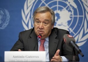 U.N. Secretary-General Antonio Guterres briefs the international media in Geneva on August 3, 2012.