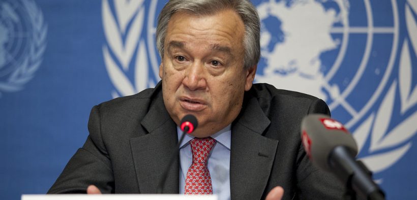 U.N. Secretary-General Antonio Guterres briefs the international media in Geneva on August 3, 2012.
