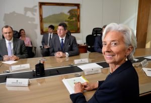 IMF director Christine Lagarde in a meeting with Brazil's Finance Minister Joaquim Levy. May, 2015.