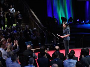 Monica Lewinsky receiving a standing ovation after her TED talk in 2015. Her new documentary 15 Minutes of Shame will look at bullying and cancel culture.