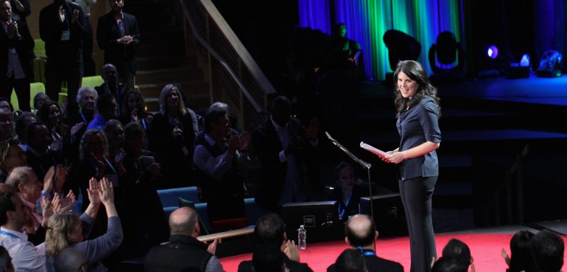 Monica Lewinsky receiving a standing ovation after her TED talk in 2015. Her new documentary 15 Minutes of Shame will look at bullying and cancel culture.