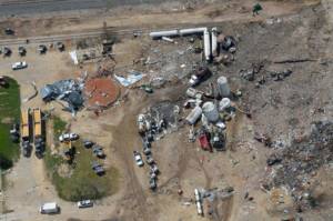 Aerial photo of the West, Texas fertilizer plant explosion site taken several days after blast: April 22, 2013.