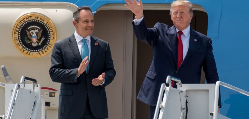 President Donald Trump (right) and Kentucky Gov. Matt Bevin greet supporters as they arrive at the Kentucky Air National Guard Base in Louisville, Ky., Aug. 21, 2019. Trump was in town to speak at an AMVETS convention and attend a fundraiser for Bevin’s re-election campaign.