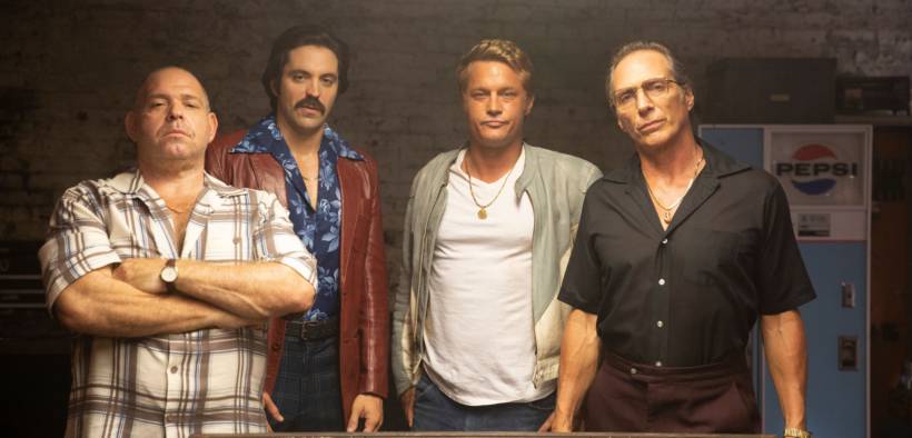(L-R) Louis Lombardi as Pauly Callahan, Rhys Coio as Ray Darrow, Travis Fimmel as Harry Barber, and William Fichtner as Enzo Rotella in the Momentum Pictures’ action, crime, comedy “FINDING STEVE MCQUEEN”. Photo courtesy of Momentum Pictures