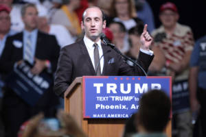 Stephen Miller speaking with supporters of Donald Trump at a rally at Veterans Memorial Coliseum at the Arizona State Fairgrounds in Phoenix, Arizona.