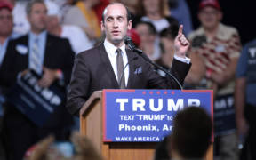 Stephen Miller speaking with supporters of Donald Trump at a 2016 rally at Veterans Memorial Coliseum at the Arizona State Fairgrounds in Phoenix, Arizona.