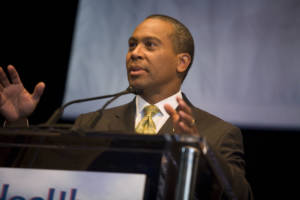 Then Massachusetts Governor Deval Patrick speaks at a 2008 Health Care Caucus in Denver.