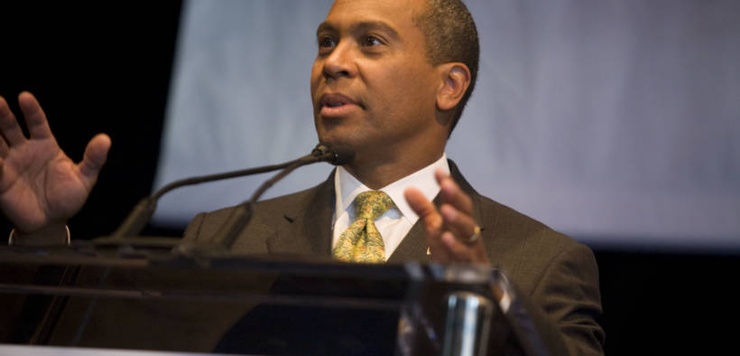 Then Massachusetts Governor Deval Patrick speaks at a 2008 Health Care Caucus in Denver.
