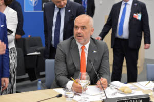 Albanian Prime Minsiter Edi Rama at a NATO meeting in Brussels. Date: May 25, 2017.