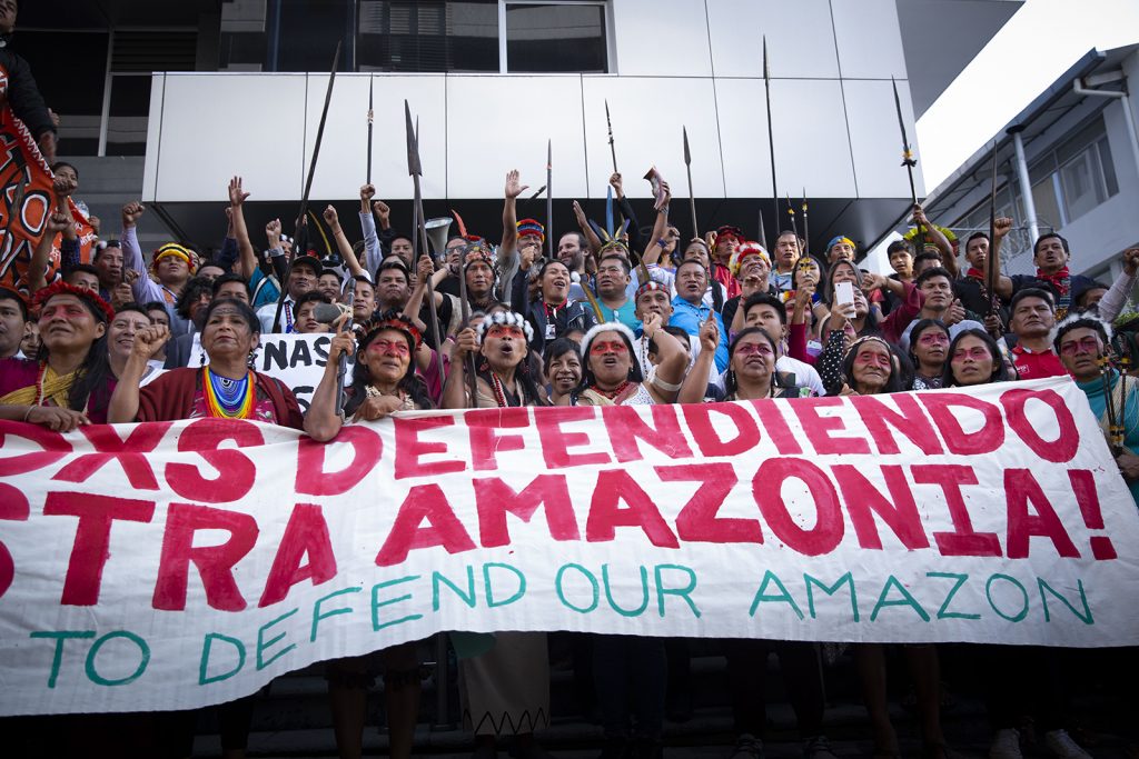 The Waorani people mobilize and unite with other indigenous nations including the Kichwa, Sapara, Andoa, Shiwiar, Achuar and Shuar, whose lives and lands are also threatened by oil drilling in the Ecuadorian Amazon. (Photo credit: Amazon Frontlines)