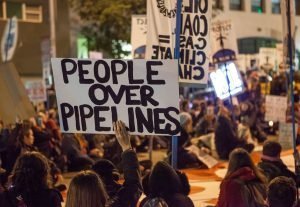 Protesters in January, 2017 against the Dakota Access Pipeline and Keystone XL Pipeline hold a sit-in in the street next to the San Francisco Federal Building. The Keystone pipeline leaked for a fourth time in ten years on October 31, 2019.