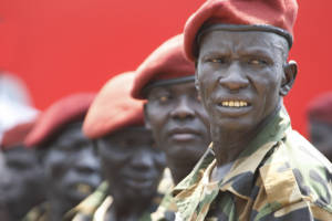 South Sudan's presidential guard wait the arrival of foreign dignitaries in 2011 invited to participate in the country's official independence celebrations in the capital city of Juba.