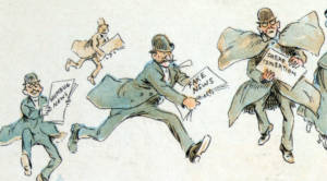 Reporters with various forms of "fake news" from an 1894 illustration by Frederick Burr Opper