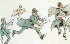 Reporters with various forms of "fake news" from an 1894 illustration by Frederick Burr Opper