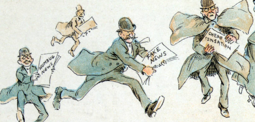 Reporters with various forms of "fake news" from an 1894 illustration by Frederick Burr Opper