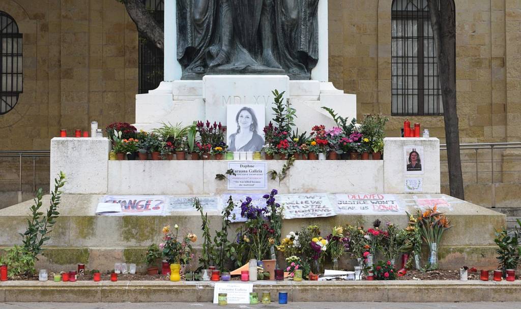 Memorial to murdered investigative journalist Daphne Caruana Galizia at the foot of the Great Siege Monument in Valletta, Malta.