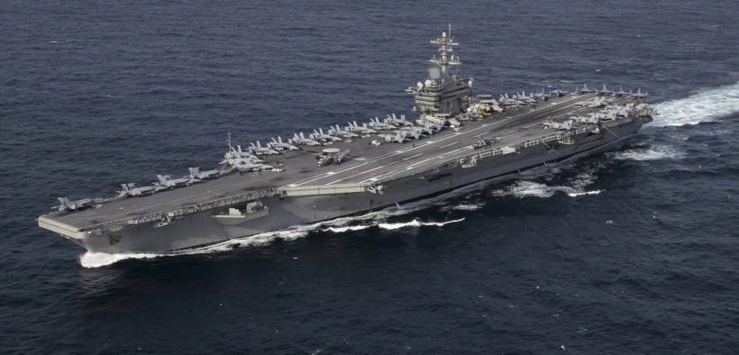 The U.S. Navy aircraft carrier USS Abraham Lincoln (CVN-72) underway in the Atlantic Ocean during a strait transit exercise on 30 January 2019.