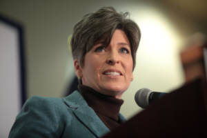 U.S. Senator Joni Ernst speaking with supporters at a campaign rally for U.S. Senator Marco Rubio at the Forte Banquet Center in Des Moines, Iowa.