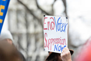 A #ProtectMyVote rally on the steps of the Supreme Court in January 2018. The Supreme Court heard oral arguments on an important case brought by Demos and the ACLU on behalf of the A. Philip Randolph Institute and the Northeast Ohio Coalition for the Homeless. The case is a challenge to Ohio’s voter purge practices vis-à-vis the National Voter Registration Act. (Photo: AFGE)